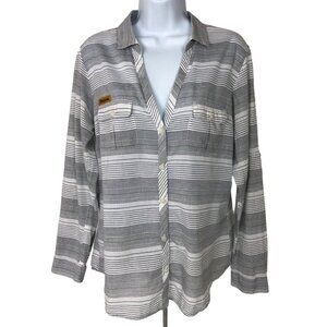 Columbia Sportswear Top Women Size L Button Down Gray White Stripe Pockets